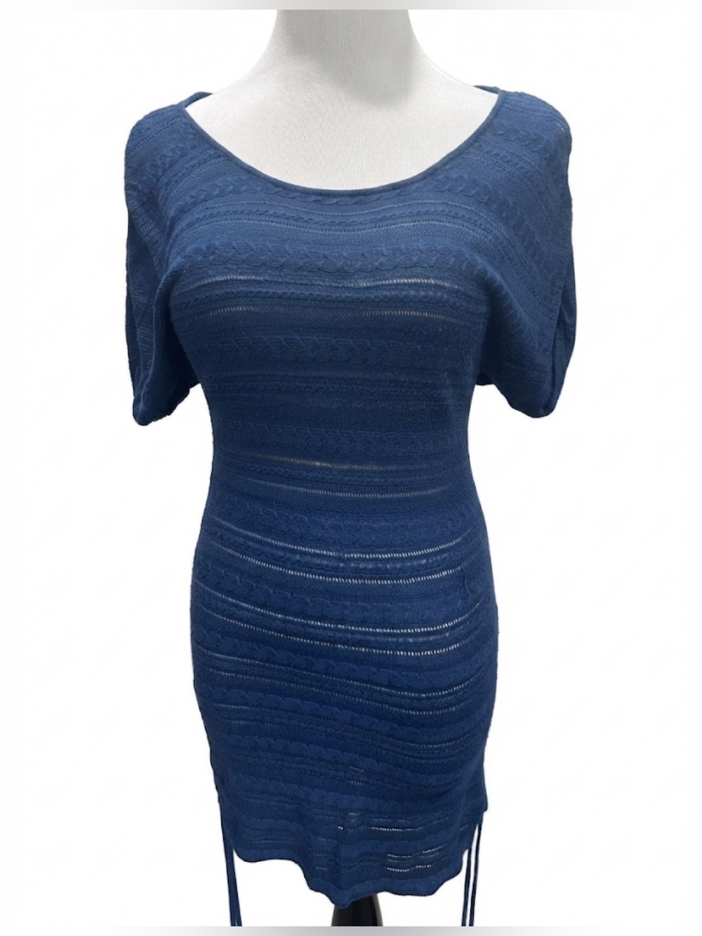 A Pea in the Pod Blue Knit Short Sleeve Scoop Neck Maternity Dress Size S Cinch